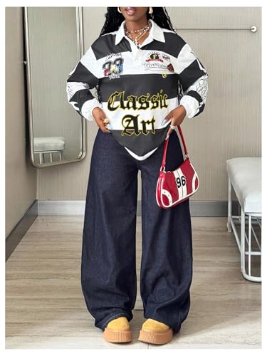Image of RoseSeek Women's Color Block Graphic Jersey Shirt Long Sleeve Collared Golf T Shirts Y2K Tops Streetwear