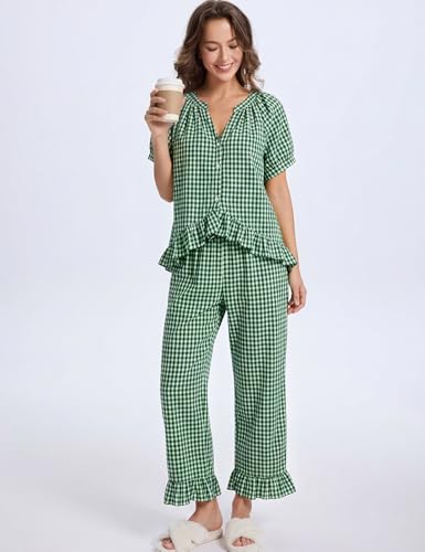 Image of Gihuo Gingham Pajama Set for Women 2 Piece Plaid Cotton Button Down Top and Pants Ruffle Babydoll Pjs Lounge Sets