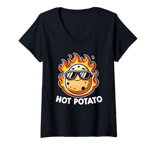 Mujer Lindo Juego de palabras de comida divertida de dibujos animados Kawaii en el fuego Patata caliente Camiseta Cuello V