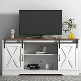 Lostcat 59 Inch TV Stand with 2 Sliding Barn Doors, Modern Television Stands with Adjustable Shelves for TVs Up to 65', Entertainment Center with Storage for Living Room, Distressed White
