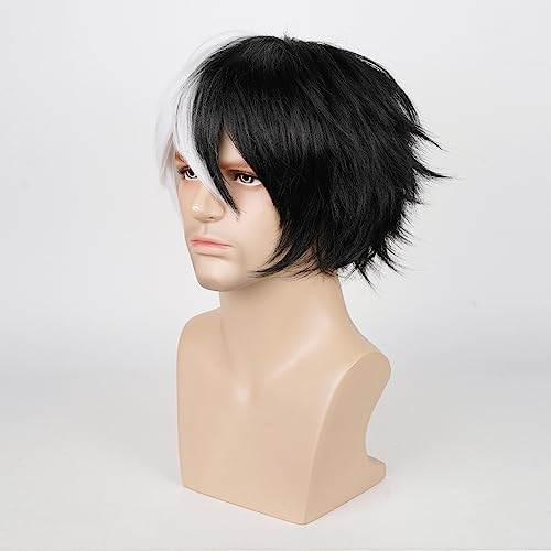 Image of Max Beauty Unisex Anime Short Black and White Cosplay Wig With Bangs Heat Resistant Hair for Party Halloween Costume + Free Cap (Two Tone)