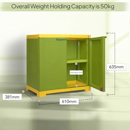 Image of Cello Novelty Compact Bookshelf, Green & Yellow | 2 Dustproof Doors | Space Saving Cupboard | Plastic Book Shelf | Multipurpose Book Shelf for Home, Office | Book Organizer for Library