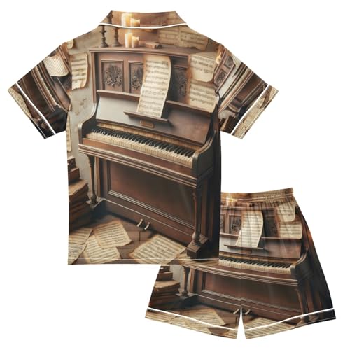 ALAZA Piano Vintage Music 3d Satin Pajamas Set Short Sleeve Button Down Sleepwear Summer Pjs 2 Piece2