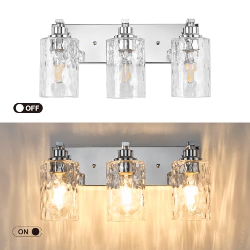 Image of 3-Light Bathroom Light Fixtures Modern Chrome Vanity Lights | Easy to Install Clear Hammered Glass Shades, Rippled Glow, Wall Mount Up or Down, E26 Socket, Hardwired, 120V