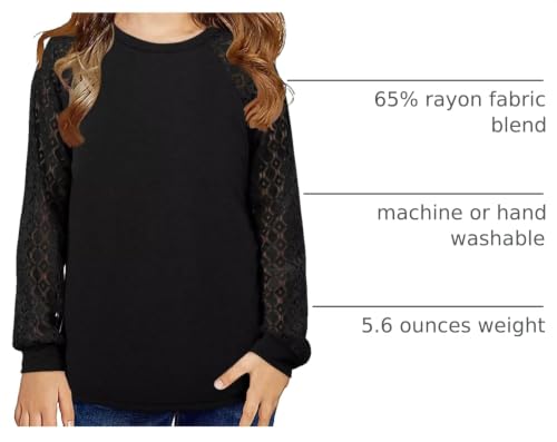 Image of Yoklass Girls Long Sleeve Shirts Kids Lace Casual Cute Crew Neck Top Sizes 5-14 Years