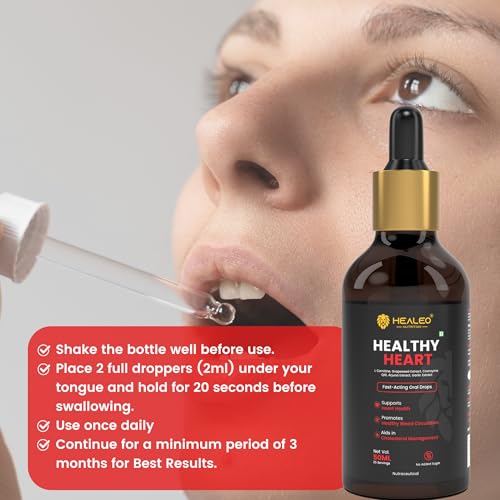 Image of Healeo Healthy Heart Drops 50ml - Fast-Acting Liquid Supplement with CoQ10, Arjuna, Grapeseed Extract, L-Carnitine - Supports Cholesterol, Blood Pressure & Circulation, No Sugar, Non-GMO