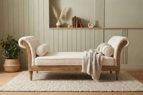 Image of Victorian Style Chaise Lounge, Tufted Cream Upholstery, Mahogany Wood Frame, Classic Living Room Furniture (Off White)