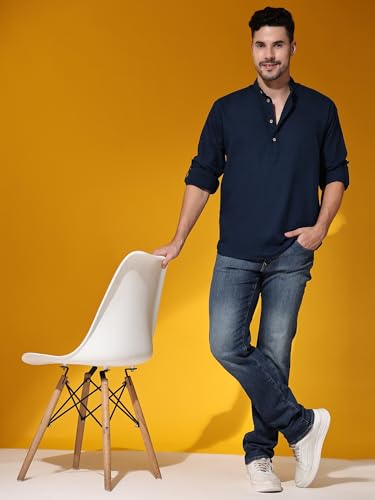 Image of SKAVIJ Men Solid Cotton Long Sleeve Casual Henley Kurta Shirt
