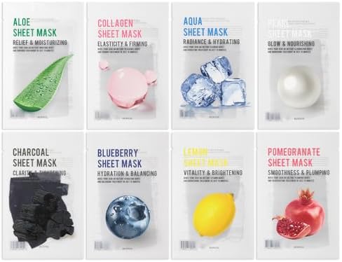 EUNYUL Purity Sheet Mask of 8 Types 22ml x 8pcs, Korean Skincare Hydrating, Nourishing & Clarifying Natural Ingredients for All Skin Types, Pack Of 8