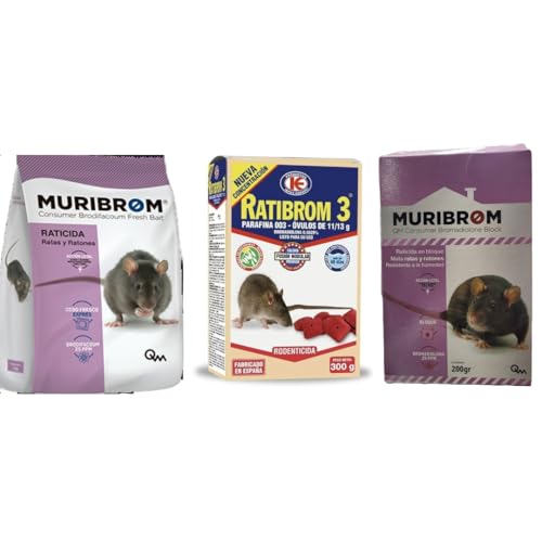 Peyca Pack Raticidas: Muribrom Bloque Azul 200gr + Muribrom Bloque Rojo 200g + Ratibrom 3 ovulos 300g. Raticidas para Ratas y Ratones. Resistente a la Humedad.