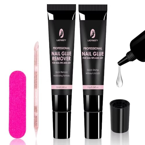 Ladymisty P1 New Upgraded 5S Quick Drying 10G Nail Glue For Press Ons & 10Ml Nail Glue Remover No Need For Uv Nail Lamp Gel Nail Glue Long Lasting Press cover