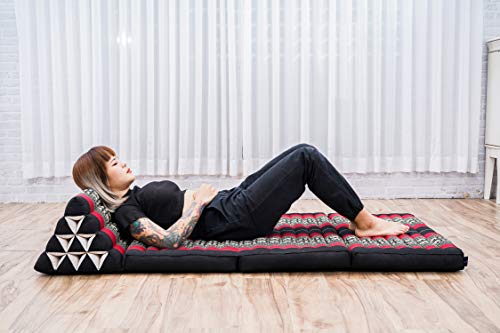 Leewadee Foldout Triangle Thai-Cushion Floor-Seat with Back-Rest TV Pillow Lounge-r Foldable Out-Door Mattress, 67x31x13 inches, Kapok, Black red - Thumbnail 4