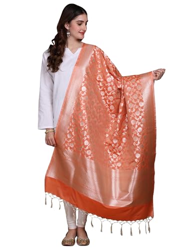 Women's Art Silk Dupatta with All Over Floral Vines and Fringes Beautiful Silver Threads Flowers Stole Chunni
