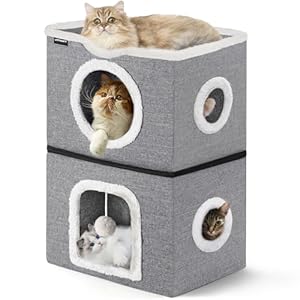 URPOWER 2 Story Cat Bed, Large Cat House for Indoor Cats Covered Cat Cave with Hideaway, Scratch Pad and Fluffy Ball, Foldable Cat Cube Condos Kitten Beds & Furniture for Multiple Small Pets