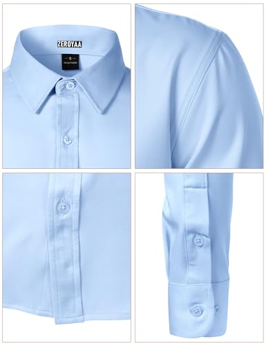 ZEROYAA Men's Wrinkle Free Long Sleeve Dress Shirt Business Casual Stretch Modern Slim Fit Button Down Shirts for Wedding and Office Sky Blue Large - Image 5