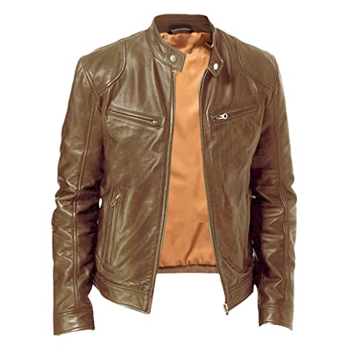 Veste en cuir slim col montant keusyoi kaki XL pour homme