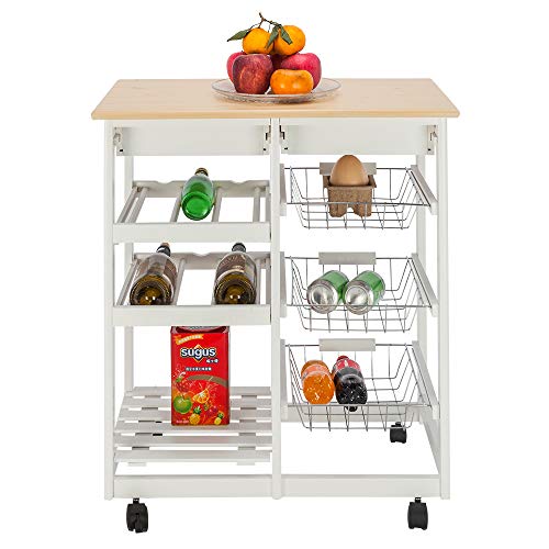 TiTa-Dong Kitchen Cart with Wheels,Rolling Kitchen Table Serving Cart with 2 Drawers/3 Push-Pull Metal Basket/3 Storage Shelf,Storage Trolley Cart for Kitchen/Dining Room