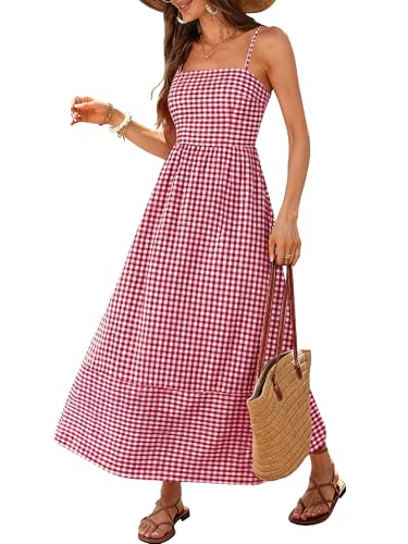 Image of Caracilia Womens Maxi Dresses Gingham Spaghetti Strap Back Smocked Flowy Long Sundress Summer Beach Vacation Clothes 2026