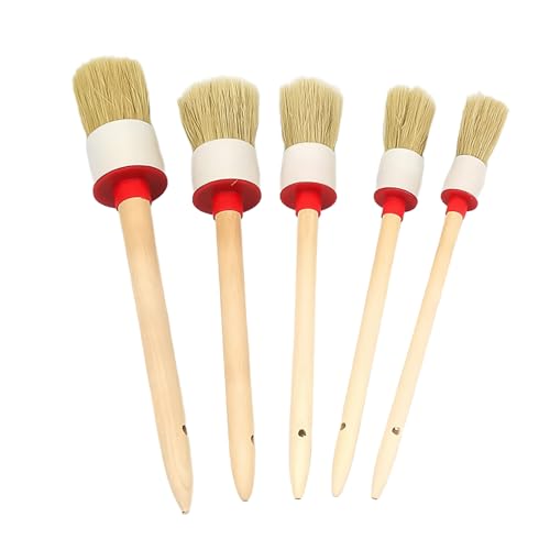 5 Pièces Pinceaux Rond en Bois Pinceau Rond Poils, Pinceaux Ronds Professionnels en Bois Naturel, Naturels et Manche Robuste Cirage de Meubles et Nettoyage de Voiture