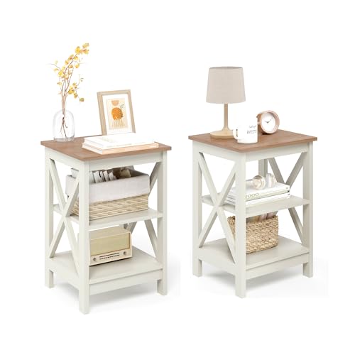 GREEN PARTY End Tables Living Room Set of 2,Side Tables with 3-Tier Storage Shelf, Small Nightstand for Bedroom, Wooden Frame,Small Coffee Table,White