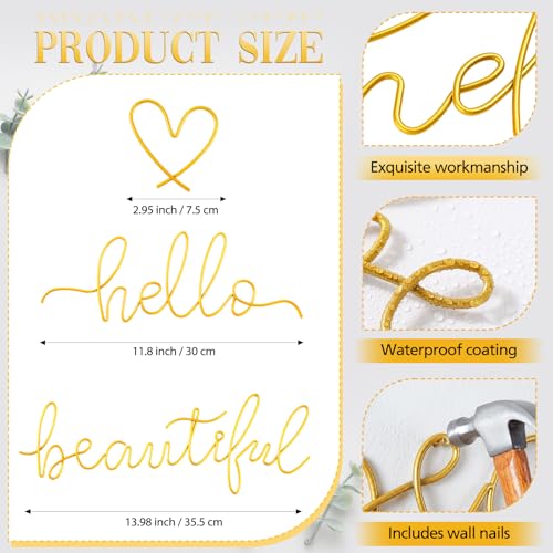 Image of Hicarer Metal Hello Gorgeous Wall Art Minimalist Decor for Bedroom Bathroom Living Room Dressing Room Salon Office Home Decorations Easy to Install Wall Decor(Gold,Lovely Style)