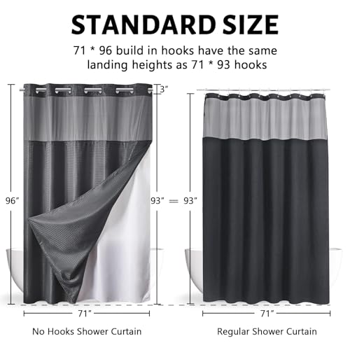 Image of Furlinic No Hooks Needed Waffle Weave Shower Curtain with Snap in Fabric Liner,Honeycomb Texture Bathroom Curtains with See Through Top Window,Waterproof,Dark Grey,71x96 Inch