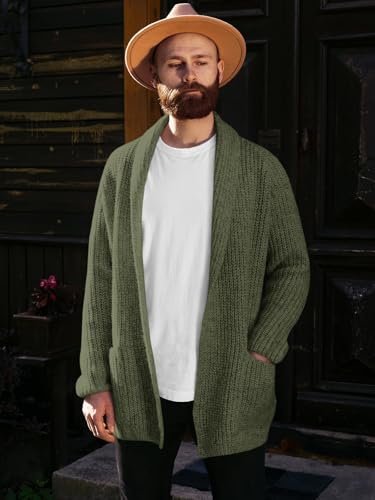 Image of Runcati Mens Shawl Collar Long Cardigan Casual Knit Open Front Sweater Fall Winter Thermal Cardigan Sweater