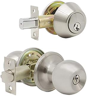 Probrico Brushed Nickel Entry Door Knob and Double Cylinder Deadbolt Combo Pack, Keyed