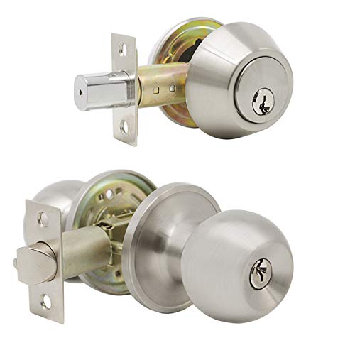 Probrico Brushed Nickel Entry Door Knob and Double Cylinder Deadbolt Combo Pack, Keyed