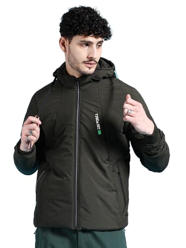 Image of The Indian Garage Co Men Black Regular Fit Solid Hooded Bomber Jacket