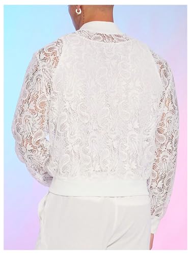 Image of WDIRARA Men's Floral Lace Bomber Jackets Long Sleeve See Through Outerwear | Zip Up Coats, Sexy, Sheer, Party, Concert Outfit
