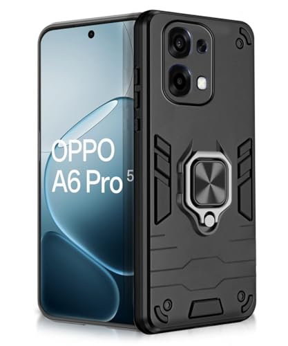 Image of WOW IMAGINE Shock Proof Back Case Mobile Cover for Oppo A6 Pro 5G | Back Cover Case (Tough Armor | Hybrid PC + TPU | Ring Holder & in-Built Kickstand | Black)