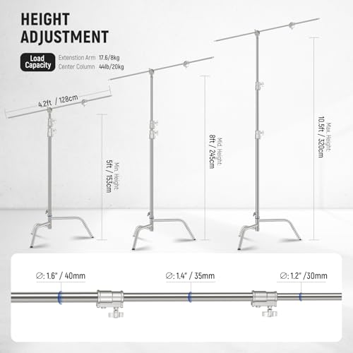 Image of NEEWER 10.5ft Stainless Steel Heavy Duty C Stand with Boom Arm, Quick Setup Base, Thicker Center Rod Max Load 44lb /20kg, Photography Light Stand with 4.2ft Holding Arm for Monolight Softbox, SC320Q