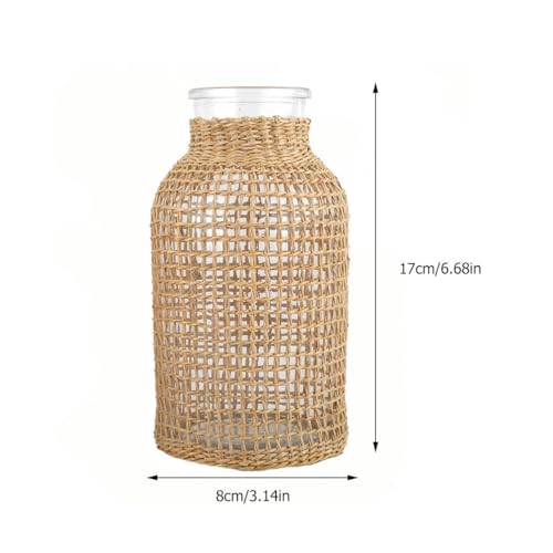 Cabilock Rattan Covered Glass Vase for Dried Flowers 6.7 Inch Straw Woven Decorative Flower Pitcher Vase for Home and Table Centerpiece - Image 3