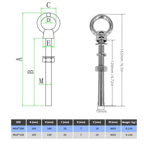 Image of 2-Pack M10x120mm 316 Stainless Steel Eye Bolt,Shoulder Eye Bolts 3 /8 inchX 5 inch with Nuts and Open Spring Washer and Flat Washer,Thread Lifting Ring Heavy Duty Eyebolt for Wire Rope and Rigging Hardware