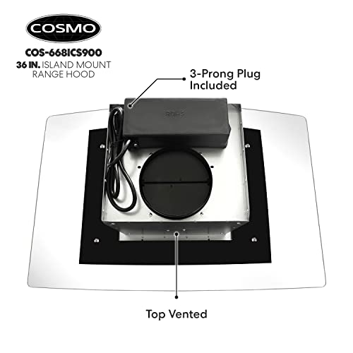 Cosmo COS-ICS900 668Ics900 36 Inch Island Range Hood With 380 Cfm, 3 Speeds, Ducted, Permanent Filters, Soft Touch Controls, Led Lights, Curved Glass Hood In Stainless Steel thumb #7