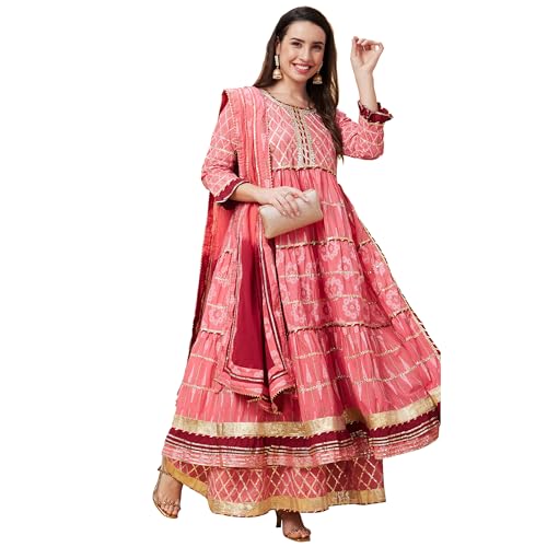 Image of Globus Cotton Women Pink Ethnic Motifs Printed 3-Piece Festive Anarkali Kurta Set with Sharara and Dupatta-3639757001