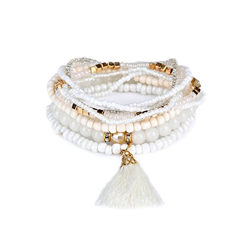 Lureme Bohemian Beads Pearl Tassel Multi Strand Textured Stackable Bangle Bracelet Set-White(Bl003054-1) #TOP24