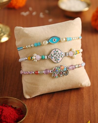 Set of 3 Evil Eye Rakhi for Brothers with Raksha Bandhan Greeting Card & Roli Chawal Tika | Elephant Rakhi for Small Brother Bhaiya | Designer Evil Eye Bracelet Rakhi for Brothers2