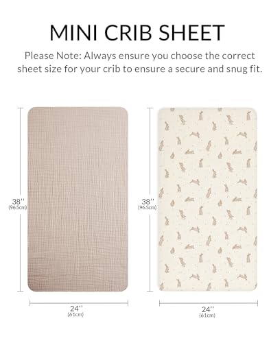 Image of Mini Crib Sheets for Baby Boy Girl 2 Pack, Neutral Mini Crib Mattress Sheet 24 inch x 38 inch, Muslin Nursery Bedding Soft and Breathable Comfort (Hopping Bunnies & Beige)