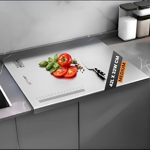 Image of JD FRESH Large 304 Stainless Steel Cutting Board for Kitchen /Chopping Board /Non Slip /Chopping Board for Kitchen /Vegetable Cutting Board /Kitchen Cutting Boards /Vegetable Cutter Steel (42 x 32 cm)