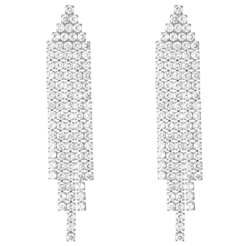 Silver Cubic Zirconia Tassel Earrings for Women, 18k Gold Plated Crystal Dangle Drop Bridal Earrings for Weddings, Diamond Long Statement Dangling Chandelier Earring for Costume Prom
