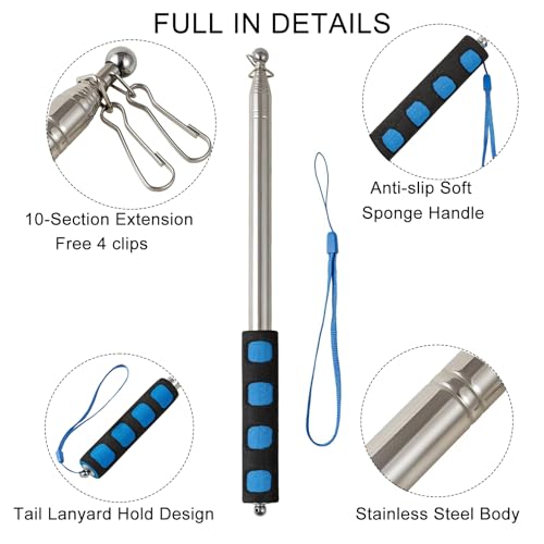 Qiuboluny 8.2FT Telescopic Handheld Flagpoles with Clips Portable Flag Pole Lightweight Extendable Tour Guide Stainless Steel Banner Flag Pole Pointer for Teachers with Anti-Slip Grip (Blue) - Thumbnail 3