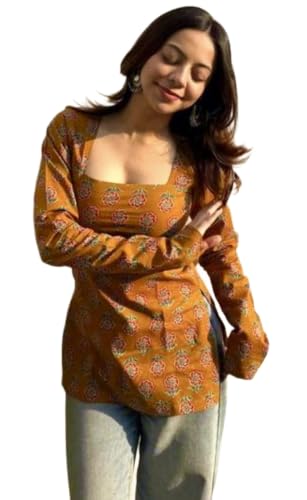Image of FELISIA Women's Full Sleeves Rayon Printed Square Neck Short Kurti, Bell Sleeves, Short Kurti for Women, Stylish Ethnic Top, Daily Casual Western & Office wear