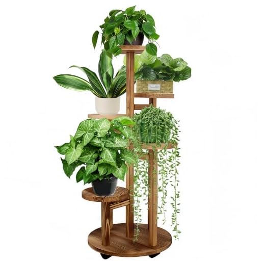 GEEBOBO 5 Tiered Tall Plant Stand for Indoor, Wood Plant Shelf Corner Display Rack, Multi-tier Planter Pot Holder Flower Stand for Living Room Balcony Garden Patio (Walnut)