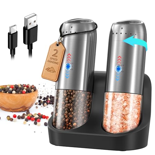Gravity electric salt and pepper grinder set with rechargeable base