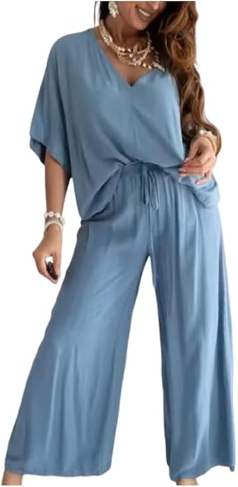Womens Casual Loose Solid Color Suit, Two Piece Sets For Women, V-Neck Womens Lounge Set, Pant Sets For Women