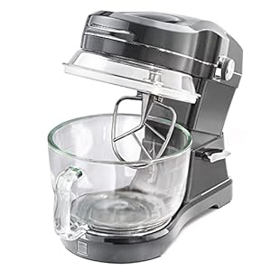 Kenmore Elite Ovation 5 Qt Stand Mixer, 500 Watt 10-Speed Motor, Revolutionary Pour-In Top, Tilt Head, Beater, Whisk, Dough Hook, Planetary Mixing, 360-Degree Splash Guard, Glass Bowl with Lid, Grey