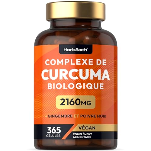 Curcuma Bio Gelules 2160mg | 365 Gélules Vegans | avec Gingembre et Poivre Noir | Haute Absorption | Organic Turmeric Ginger and Black Pepper 365 Capsules | par Horbaach