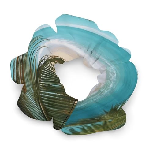 Satin Scrunchies, Sea Beach Palm Leaves Print Ponytail Scrunchies Durable Hair Bands Elastic Hair Bands with Fashionable Hair Ties for Women